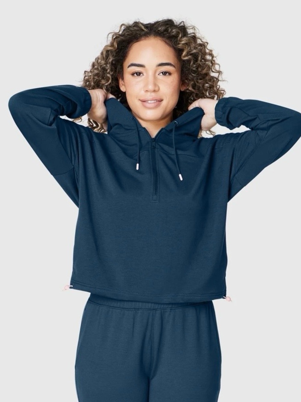 freecity Navy Half-Zip Hoodie with Contrast Drawcord Tips